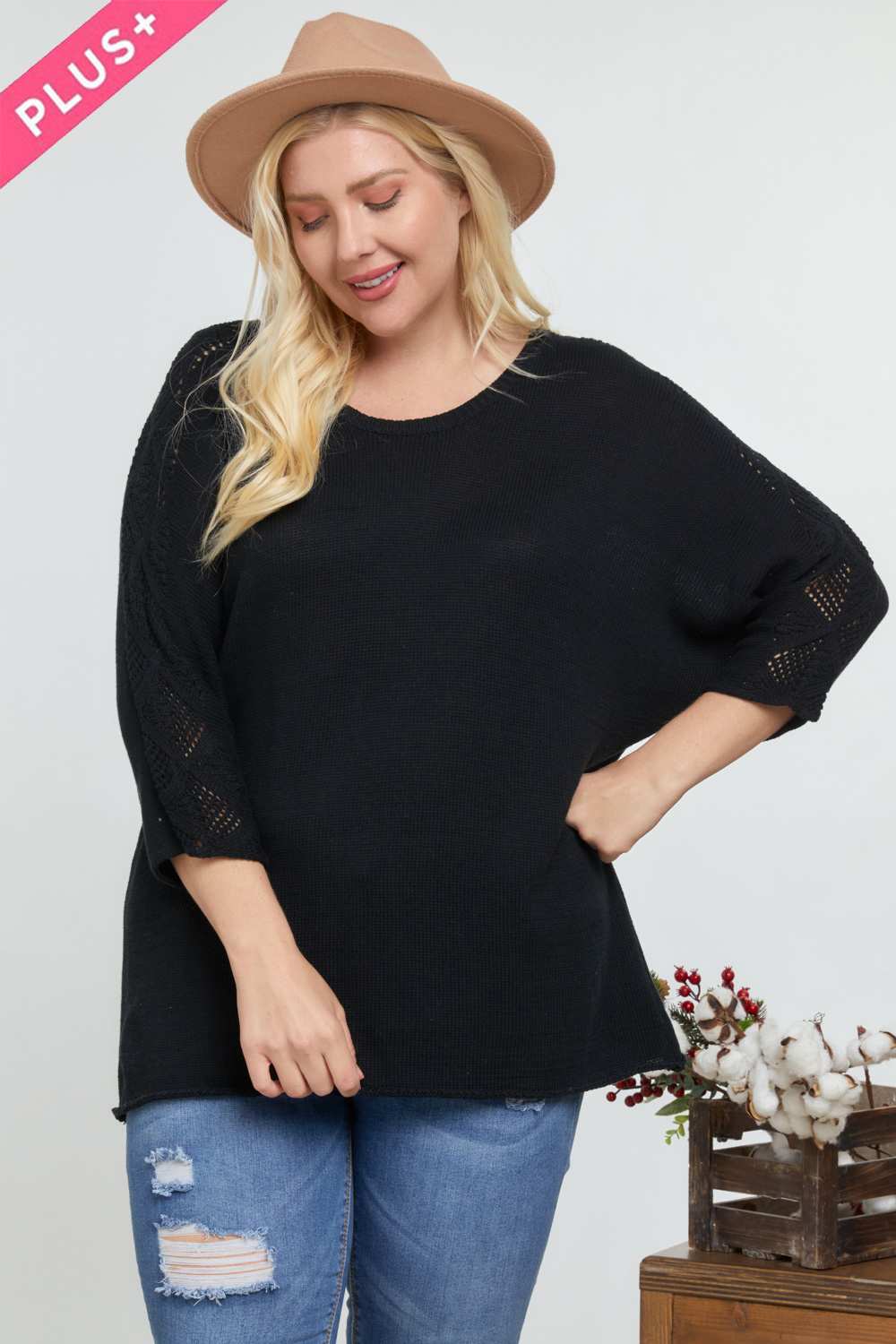 Solid Round Neck 3/4 Sleeve Sweater Top Look Up Deals