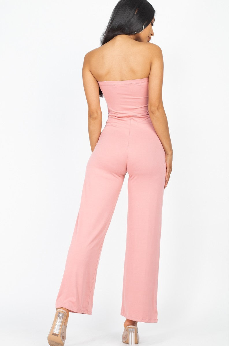 Solid Strapless Jumpsuit Look Up Deals