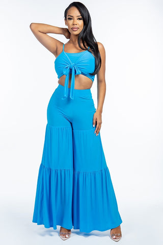 Solid Tie Front Spaghetti Strap Tank Top And Tiered Wide Leg Pants Two Piece Set Look Up Deals