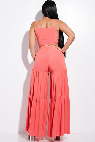 Solid Tie Front Spaghetti Strap Tank Top And Tiered Wide Leg Pants Two Piece Set Look Up Deals