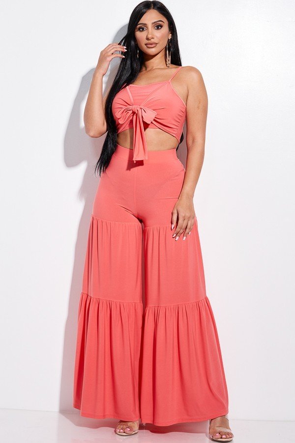 Solid Tie Front Spaghetti Strap Tank Top And Tiered Wide Leg Pants Two Piece Set Look Up Deals