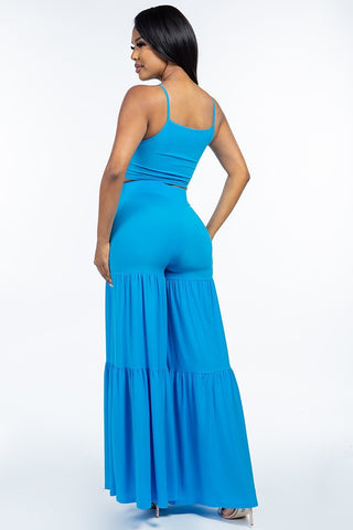 Solid Tie Front Spaghetti Strap Tank Top And Tiered Wide Leg Pants Two Piece Set Look Up Deals