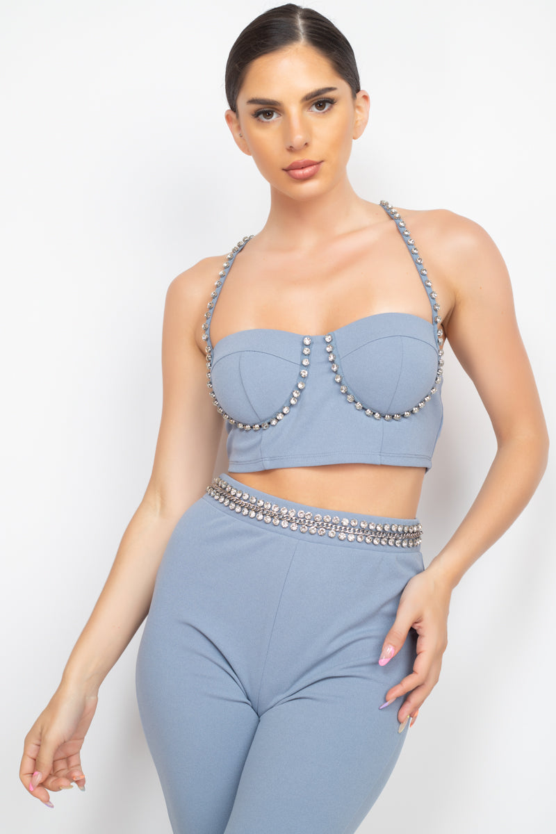 Stone Embellished Top And Pants Set Look Up Deals