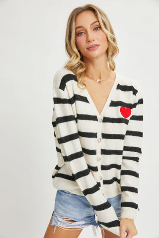 Striped Cardigan With Heart Patch Look Up Deals