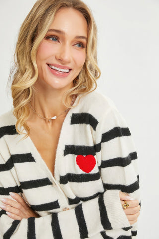 Striped Cardigan With Heart Patch Look Up Deals