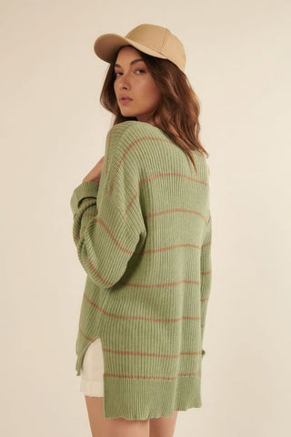 Striped Rib-knit Oversized Pocket Sweater Look Up Deals