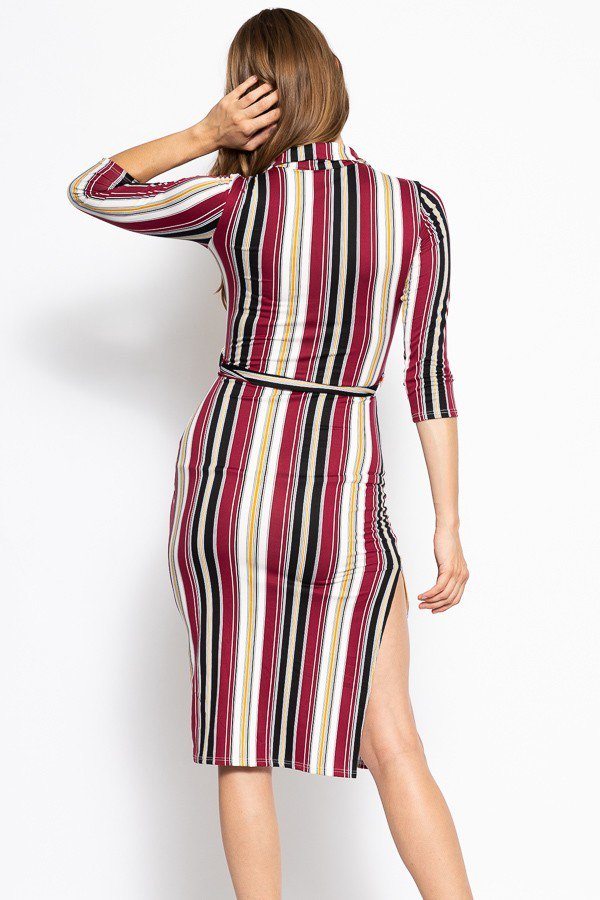 Stripes Print, Midi Tee Dress With 3/4 Sleeves, Collared V Neckline, Decorative Button, Matching Belt And A Side Slit Look Up Deals