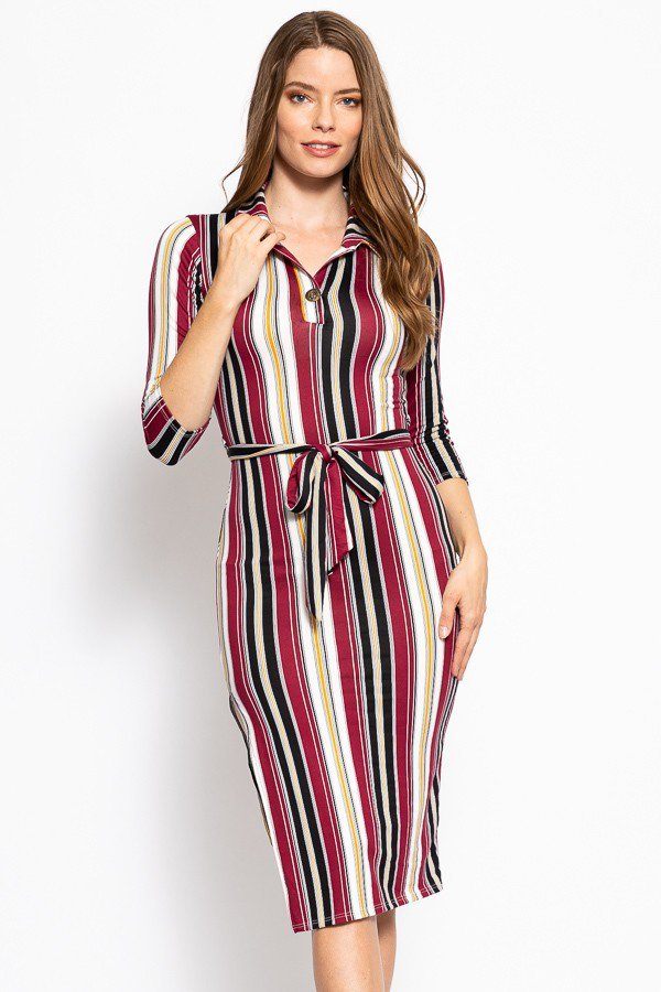 Stripes Print, Midi Tee Dress With 3/4 Sleeves, Collared V Neckline, Decorative Button, Matching Belt And A Side Slit Look Up Deals