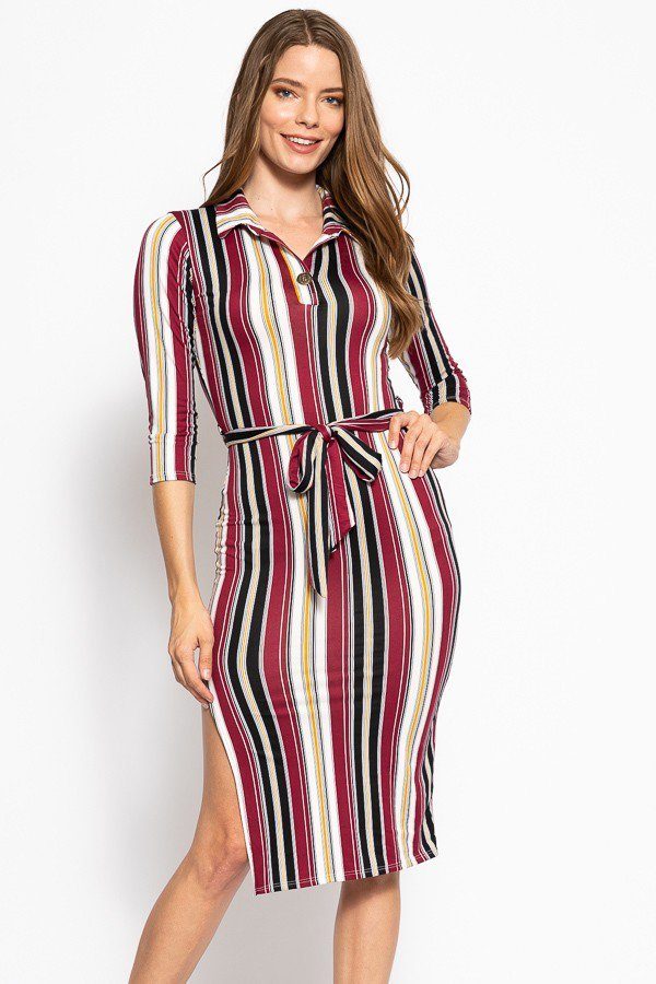 Stripes Print, Midi Tee Dress With 3/4 Sleeves, Collared V Neckline, Decorative Button, Matching Belt And A Side Slit Look Up Deals