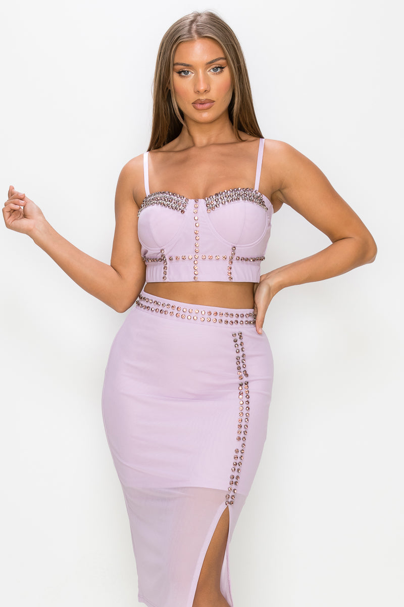 Studded Stone Cami Top & Slit Mini Skirts Set Look Up Deals