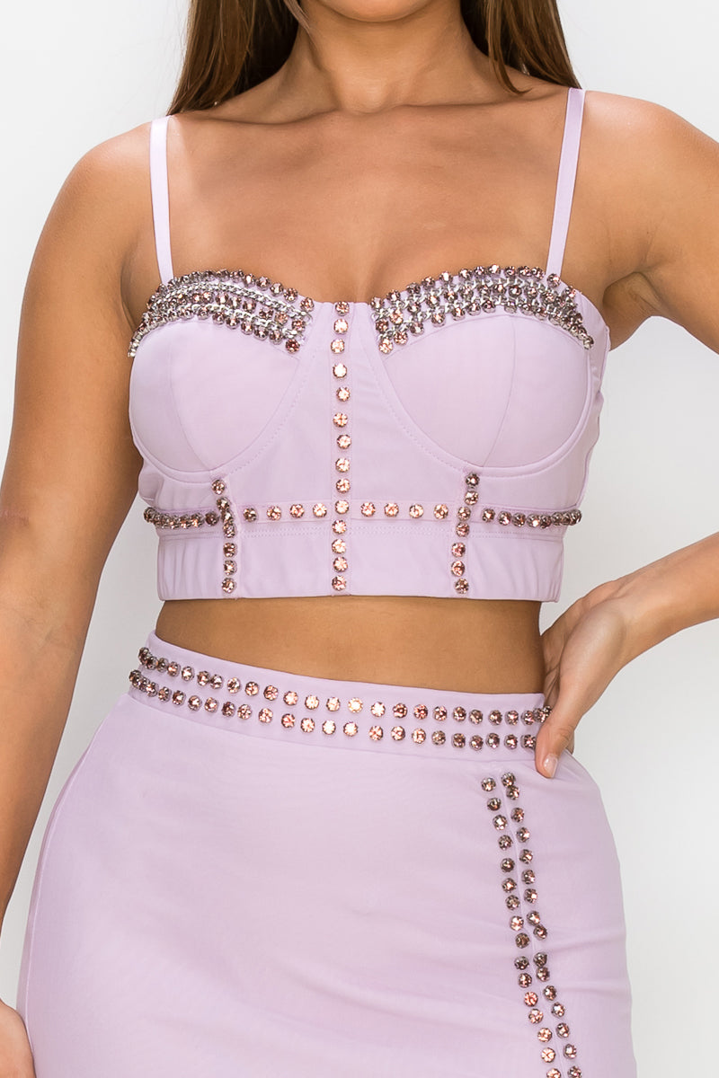 Studded Stone Cami Top & Slit Mini Skirts Set Look Up Deals