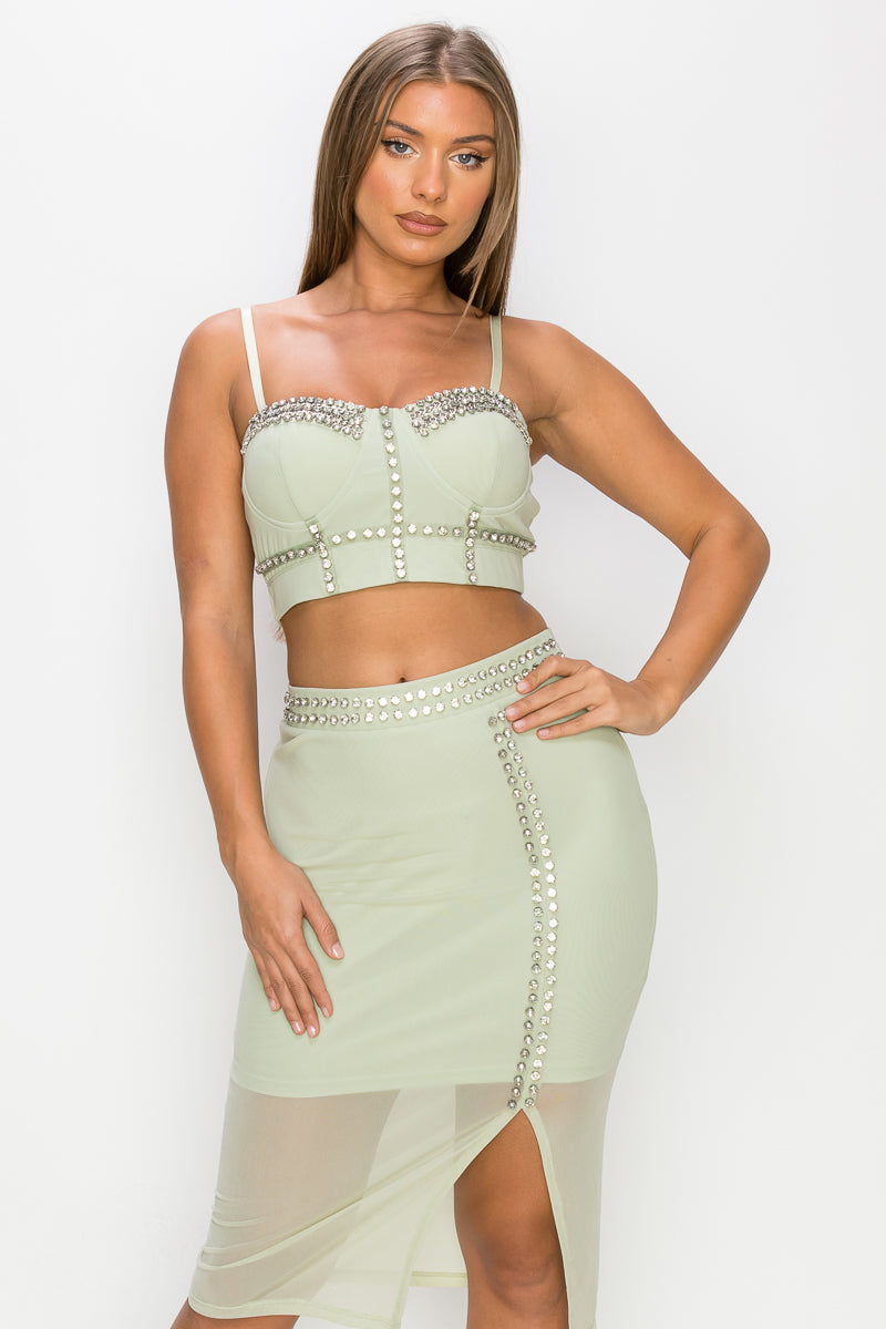 Studded Stone Cami Top & Slit Mini Skirts Set Look Up Deals