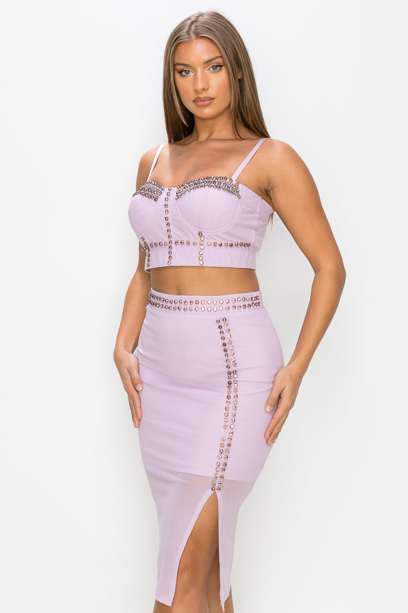 Studded Stone Cami Top & Slit Mini Skirts Set Look Up Deals