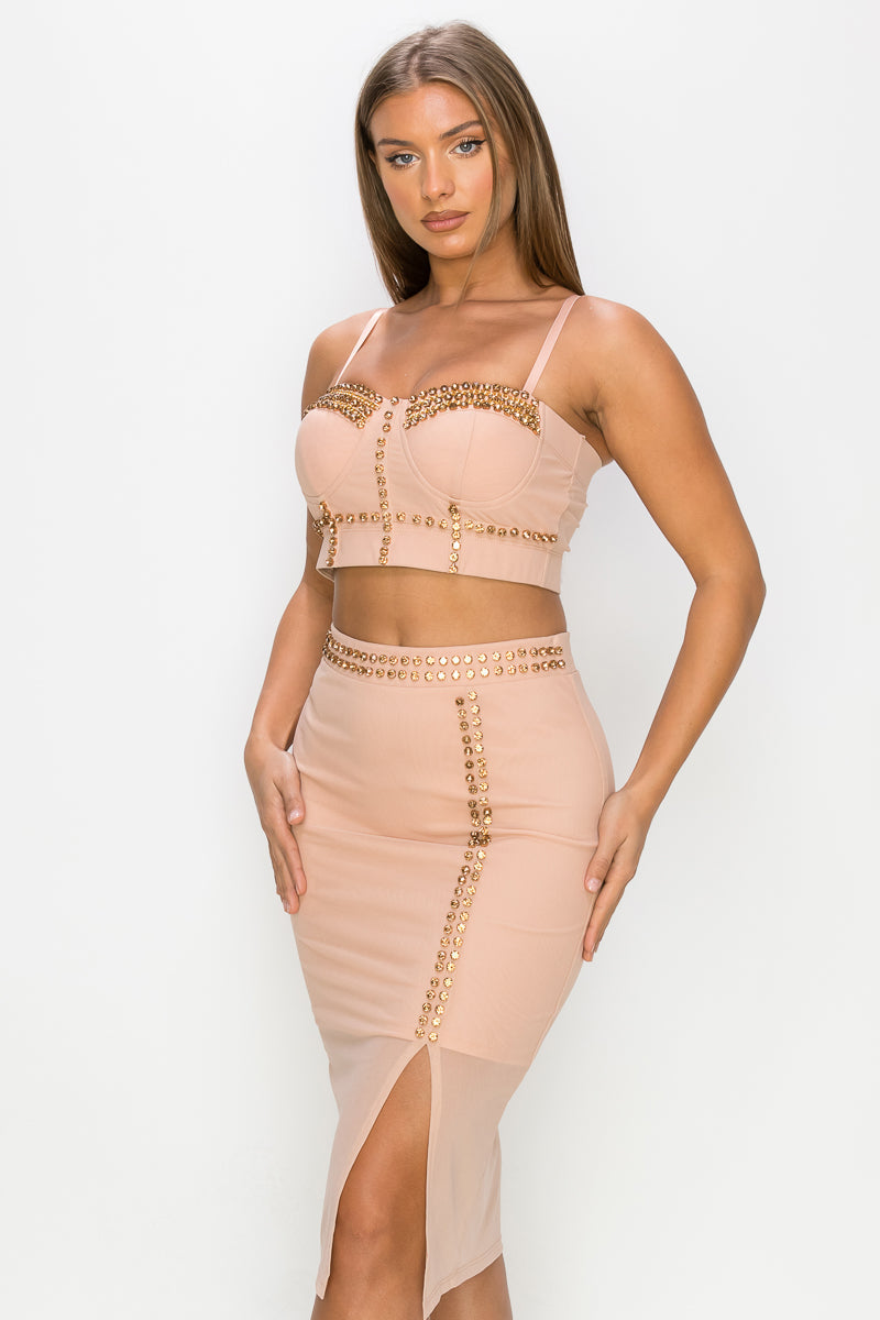 Studded Stone Cami Top & Slit Mini Skirts Set Look Up Deals