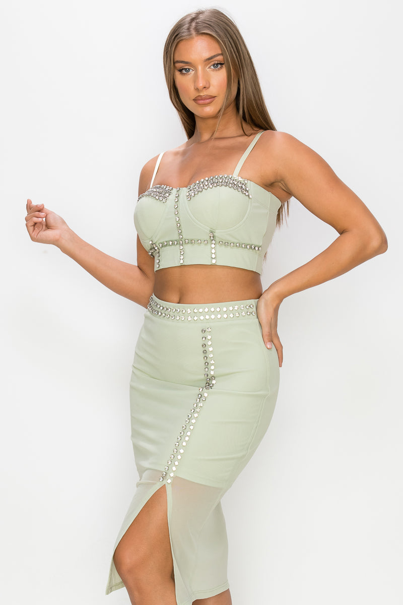 Studded Stone Cami Top & Slit Mini Skirts Set Look Up Deals