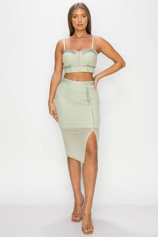 Studded Stone Cami Top & Slit Mini Skirts Set Look Up Deals