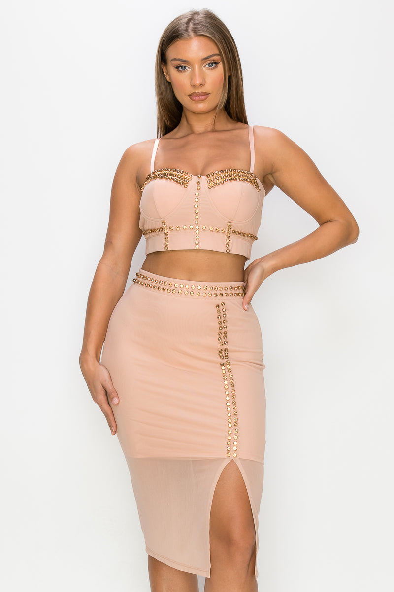 Studded Stone Cami Top & Slit Mini Skirts Set Look Up Deals