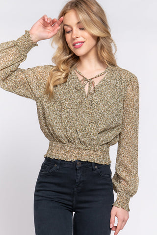 Surplice Smocked Print Chiffon Blouse Look Up Deals