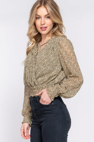 Surplice Smocked Print Chiffon Blouse Look Up Deals