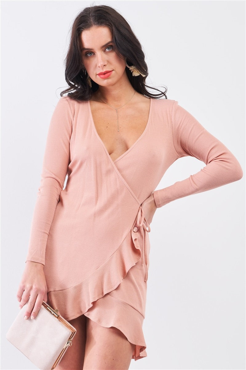 Tan Blush Ribbed Deep Plunge V-neck Asymmetrical Wrap Flare Hem Dress Look Up Deals