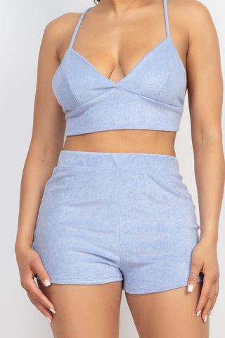 Terry Towel Bralette Top & Mini Shorts Set Look Up Deals