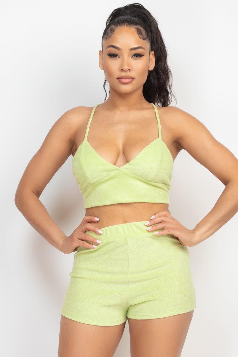 Terry Towel Bralette Top & Mini Shorts Set Look Up Deals