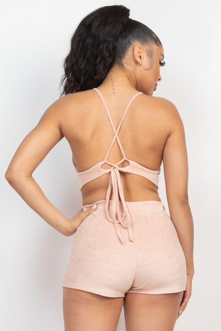 Terry Towel Bralette Top & Mini Shorts Set Look Up Deals