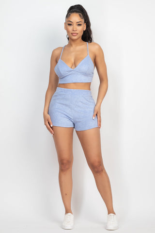 Terry Towel Bralette Top & Mini Shorts Set Look Up Deals