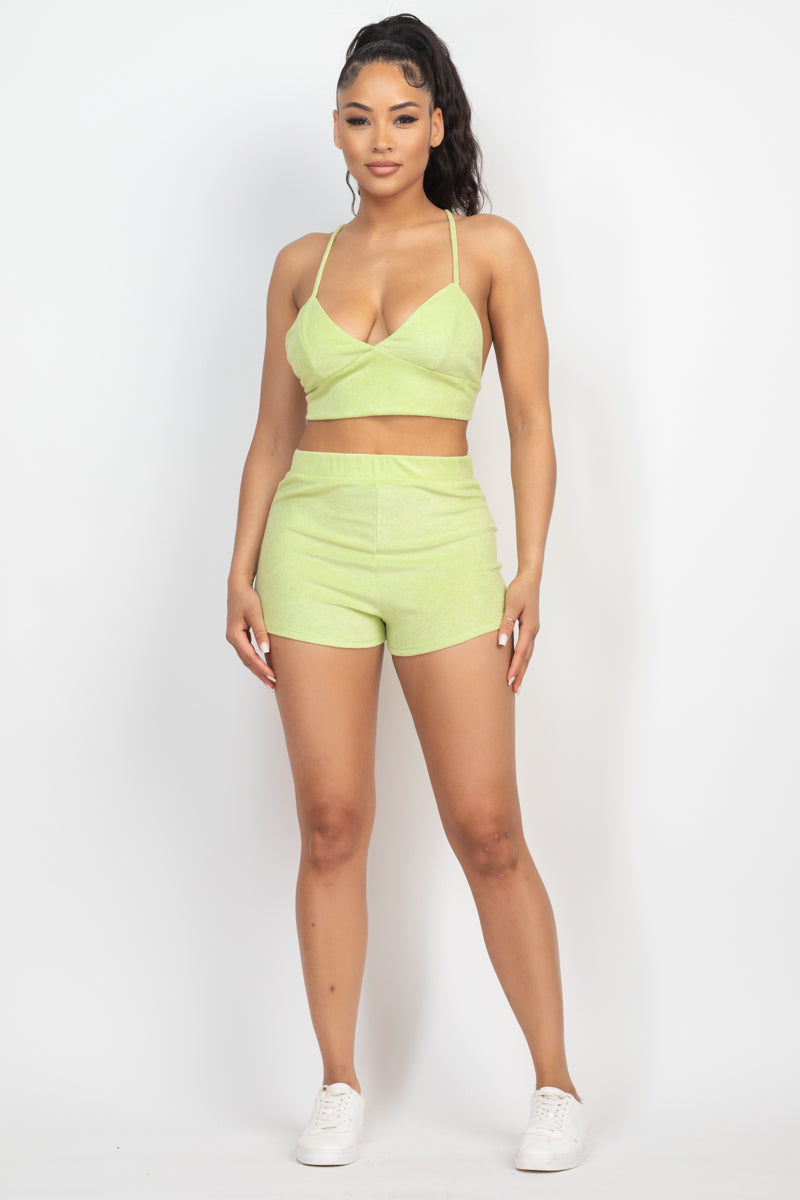 Terry Towel Bralette Top & Mini Shorts Set Look Up Deals