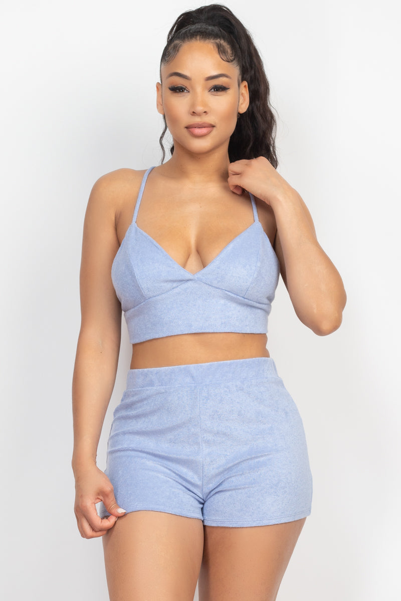 Terry Towel Bralette Top & Mini Shorts Set Look Up Deals