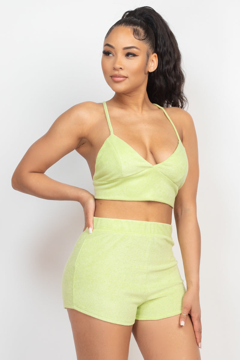 Terry Towel Bralette Top & Mini Shorts Set Look Up Deals