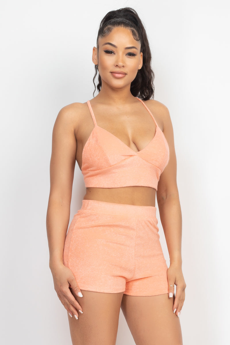 Terry Towel Bralette Top & Mini Shorts Set Look Up Deals