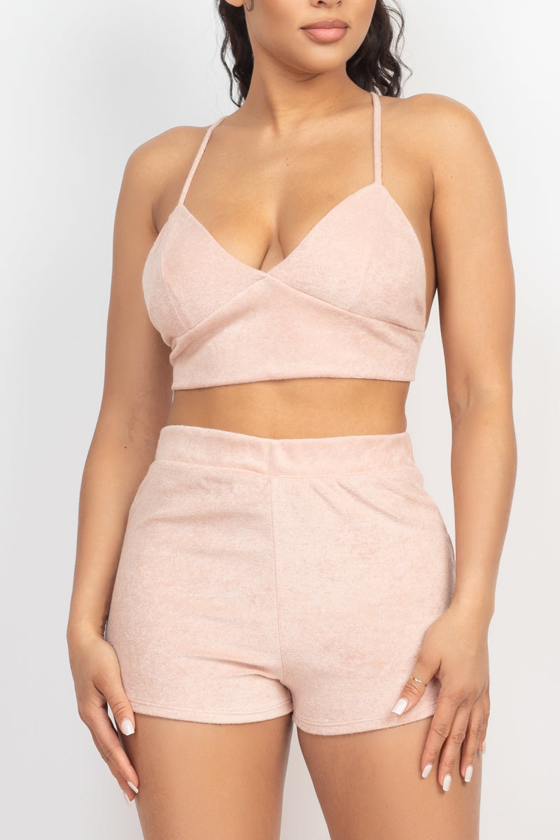 Terry Towel Bralette Top & Mini Shorts Set Look Up Deals