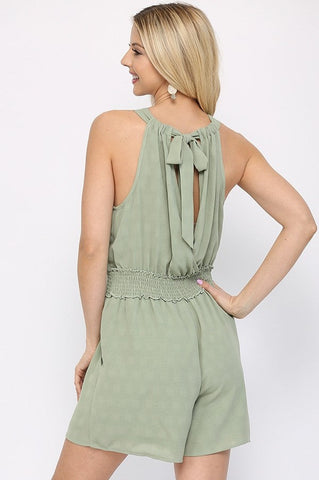 Textured Woven And Smocking Waist Romper With Back Open And Tie Look Up Deals