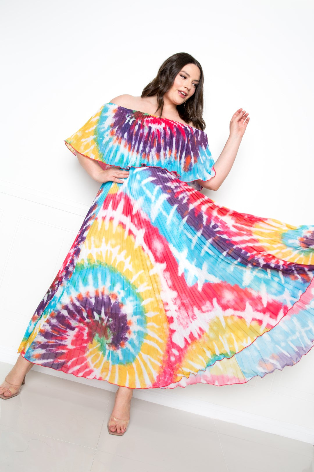 Tie Dye Off Shoulder Pleated Maxi Dress Look Up Deals