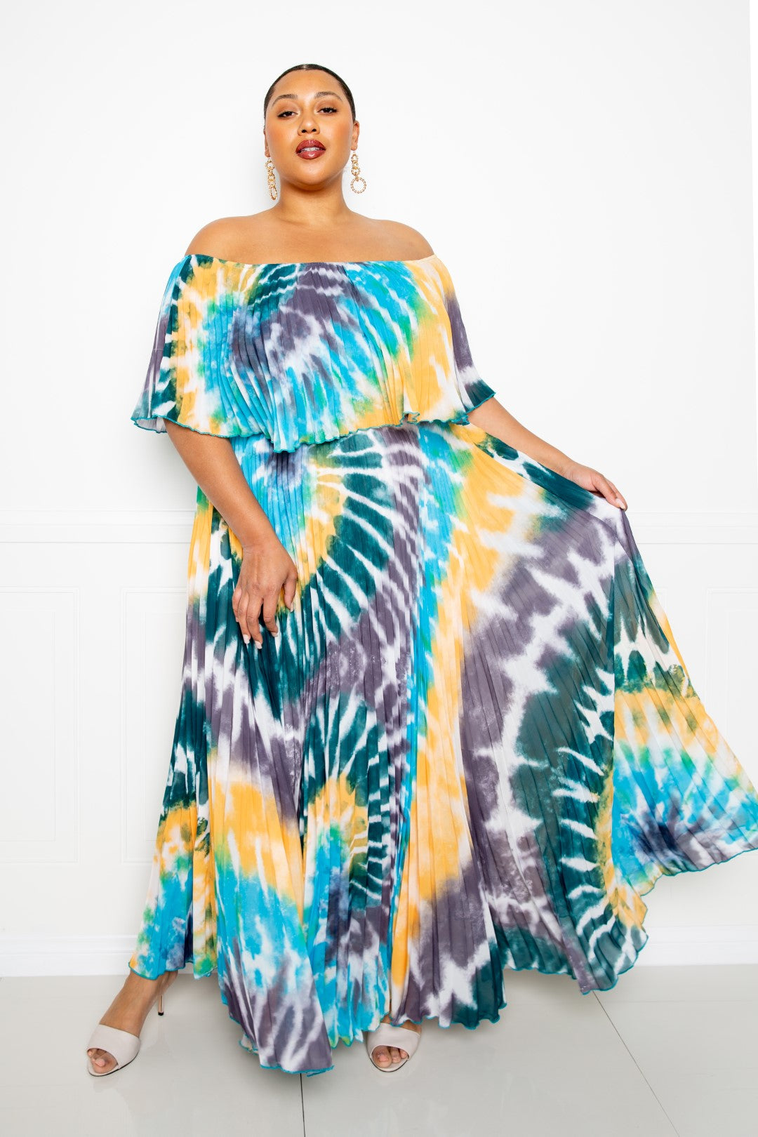 Tie Dye Off Shoulder Pleated Maxi Dress Look Up Deals