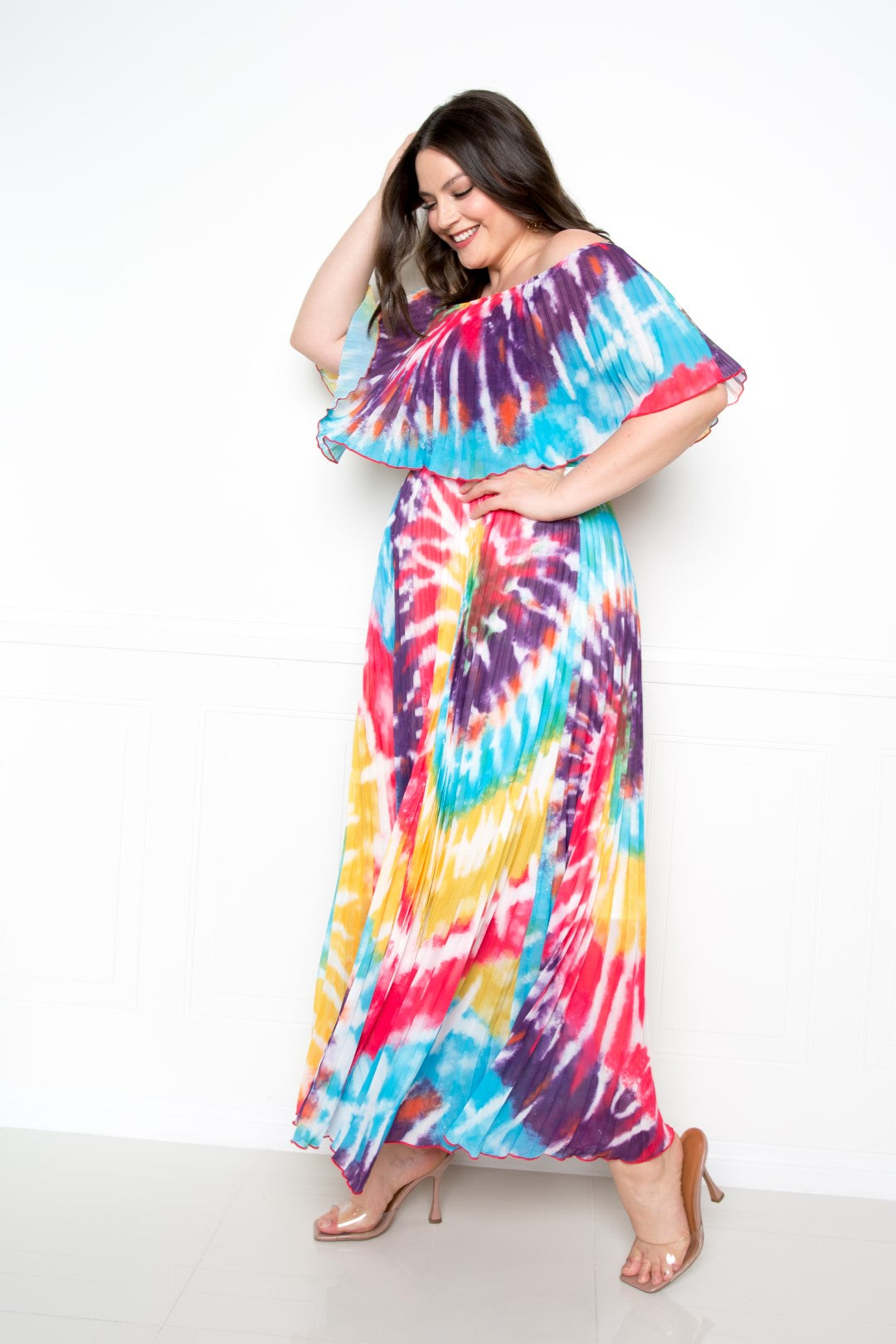 Tie Dye Off Shoulder Pleated Maxi Dress Look Up Deals