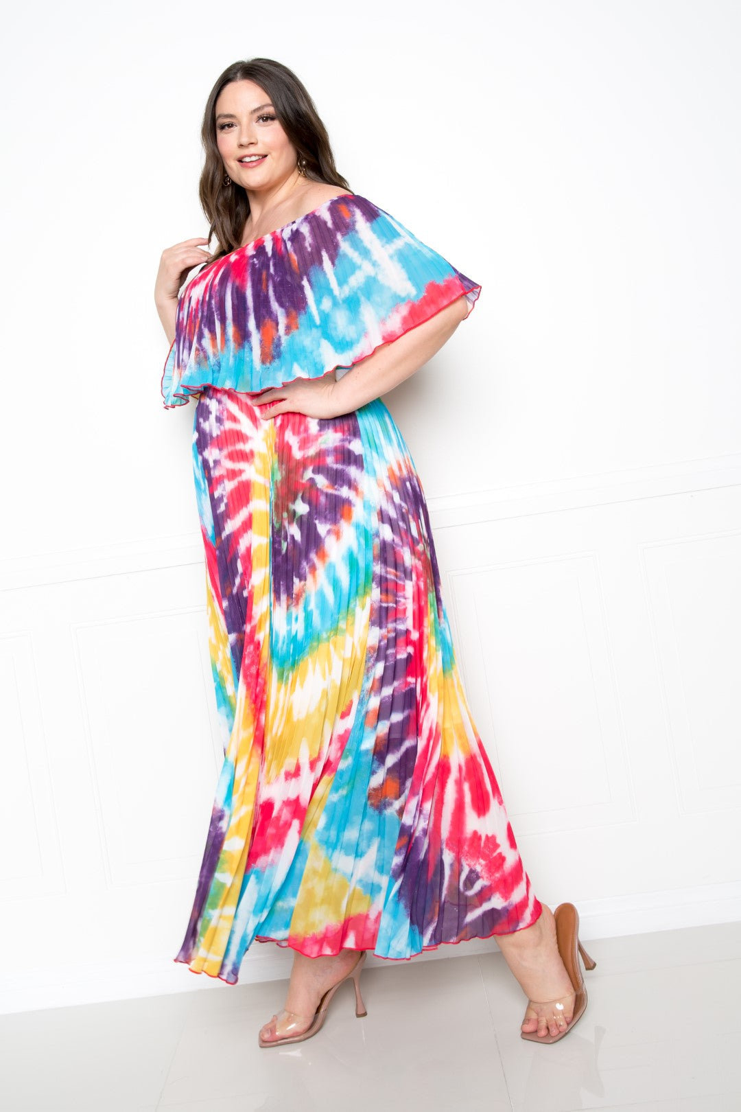 Tie Dye Off Shoulder Pleated Maxi Dress Look Up Deals