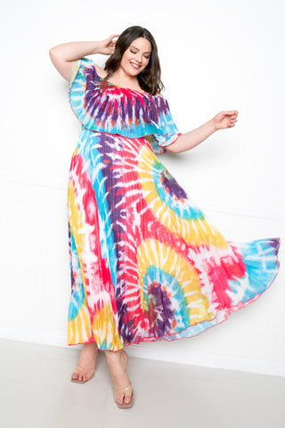 Tie Dye Off Shoulder Pleated Maxi Dress Look Up Deals