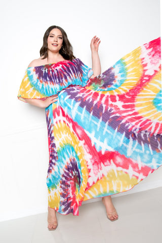 Tie Dye Off Shoulder Pleated Maxi Dress Look Up Deals