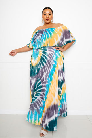 Tie Dye Off Shoulder Pleated Maxi Dress Look Up Deals