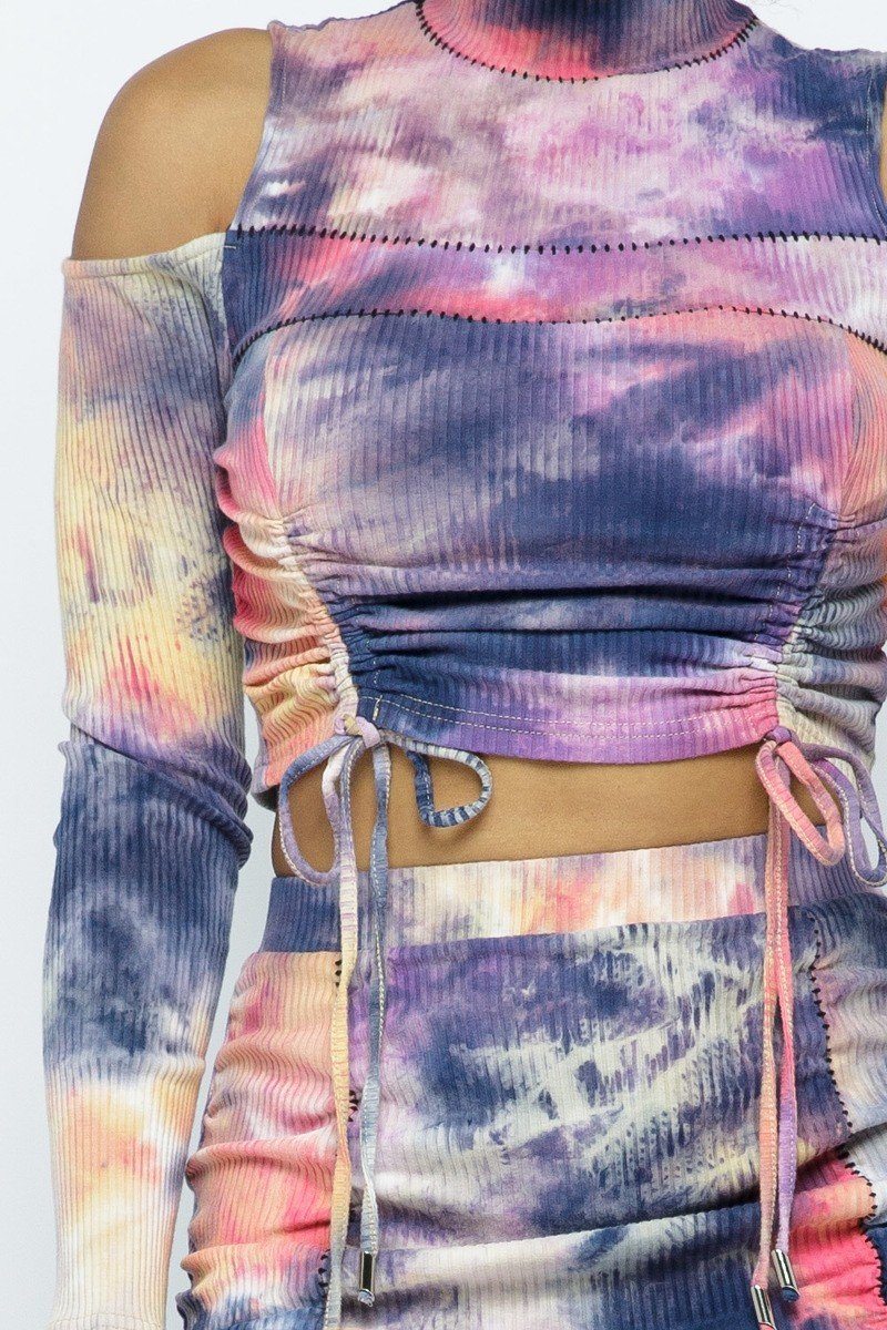 Tie Dye Open Shoulder Long Sleeve Top And Matching Skirt W Ruching Details Look Up Deals