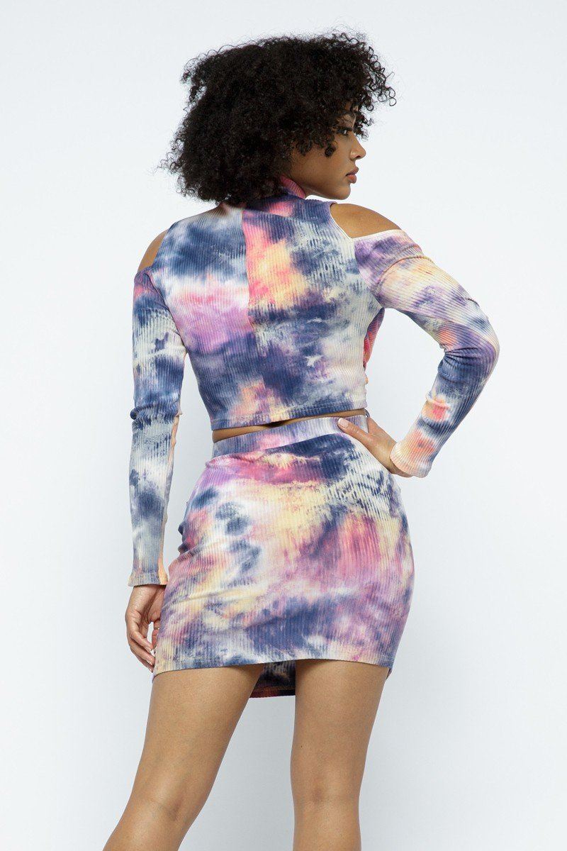 Tie Dye Open Shoulder Long Sleeve Top And Matching Skirt W Ruching Details Look Up Deals