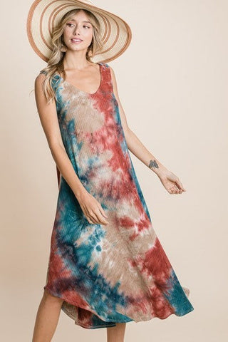 Tie Dye Ribbed Brush Sleeveless Flowy Asymmetrical Hem Midi Dress Look Up Deals