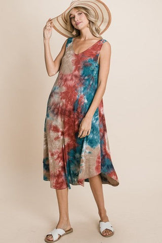 Tie Dye Ribbed Brush Sleeveless Flowy Asymmetrical Hem Midi Dress Look Up Deals