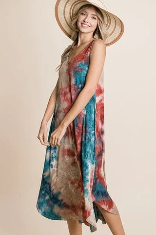 Tie Dye Ribbed Brush Sleeveless Flowy Asymmetrical Hem Midi Dress Look Up Deals