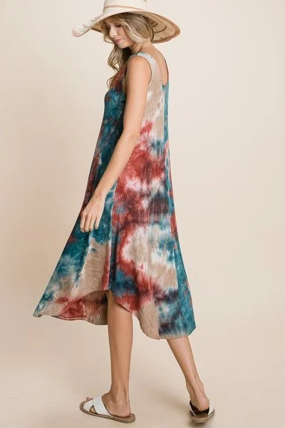 Tie Dye Ribbed Brush Sleeveless Flowy Asymmetrical Hem Midi Dress Look Up Deals