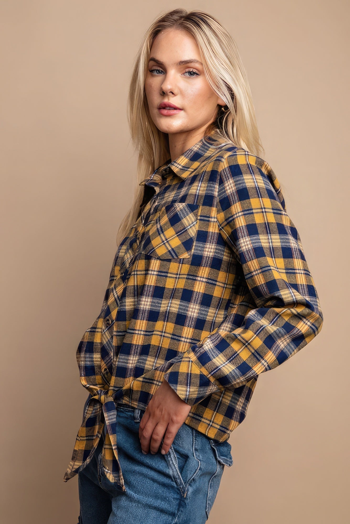 Tie Front Button Down Plaid Shirt With Front Pocket Look Up Deals