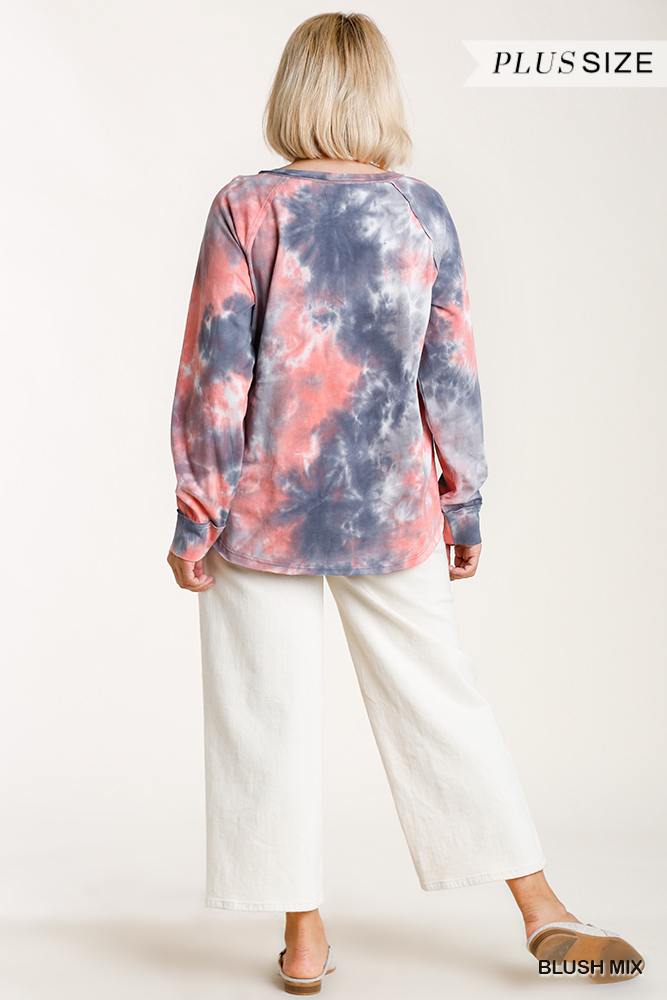 Tie-dye Button Front Long Raglan Sleeve Top With Raw Hem Look Up Deals