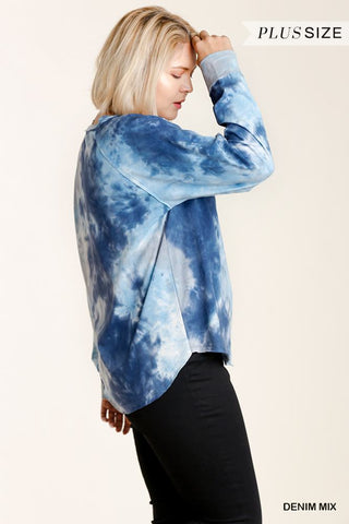 Tie-dye Button Front Long Raglan Sleeve Top With Raw Hem Look Up Deals